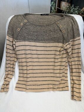 Pink Clover Striped Button-Shoulder Knit Top - Beige & Gray